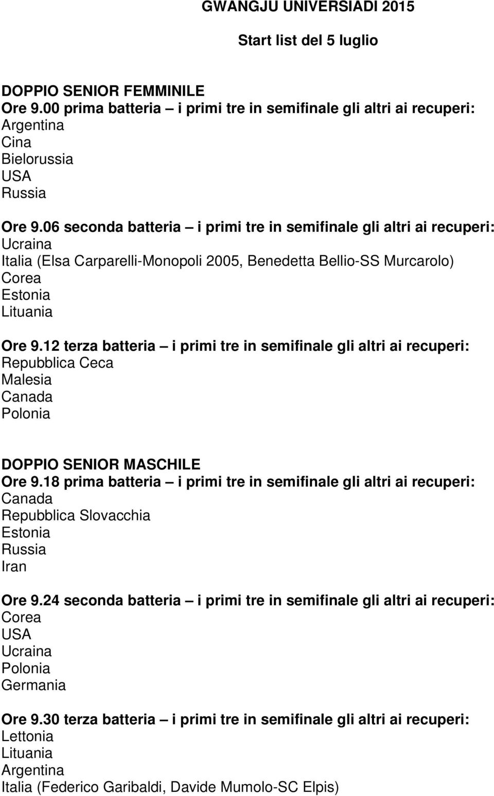 12 terza batteria i primi tre in semifinale gli altri ai recuperi: DOPPIO SENIOR MASCHILE Ore 9.