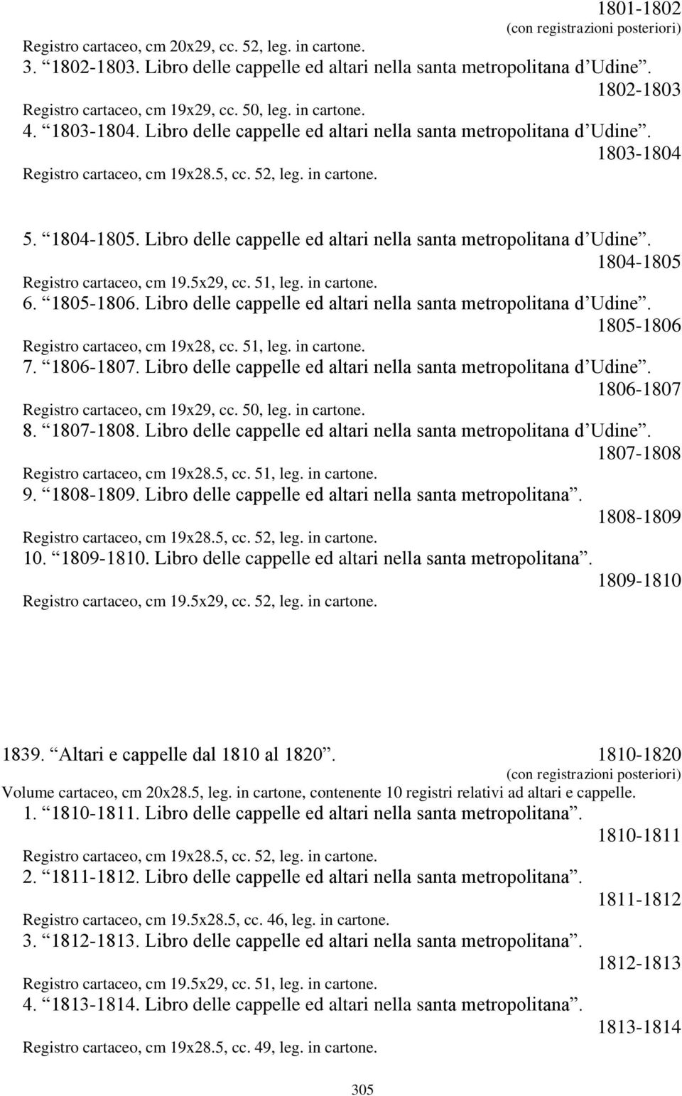 5x29, cc. 51, leg. in cartone. 6. 1805-1806. Libro delle cappelle ed altari nella santa metropolitana d Udine. 1805-1806 Registro cartaceo, cm 19x28, cc. 51, leg. in cartone. 7. 1806-1807.
