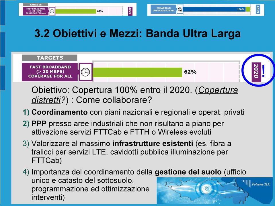 privati 2) PPP presso aree industriali che non risultano a piano per attivazione servizi FTTCab e FTTH o Wireless evoluti 3) Valorizzare al