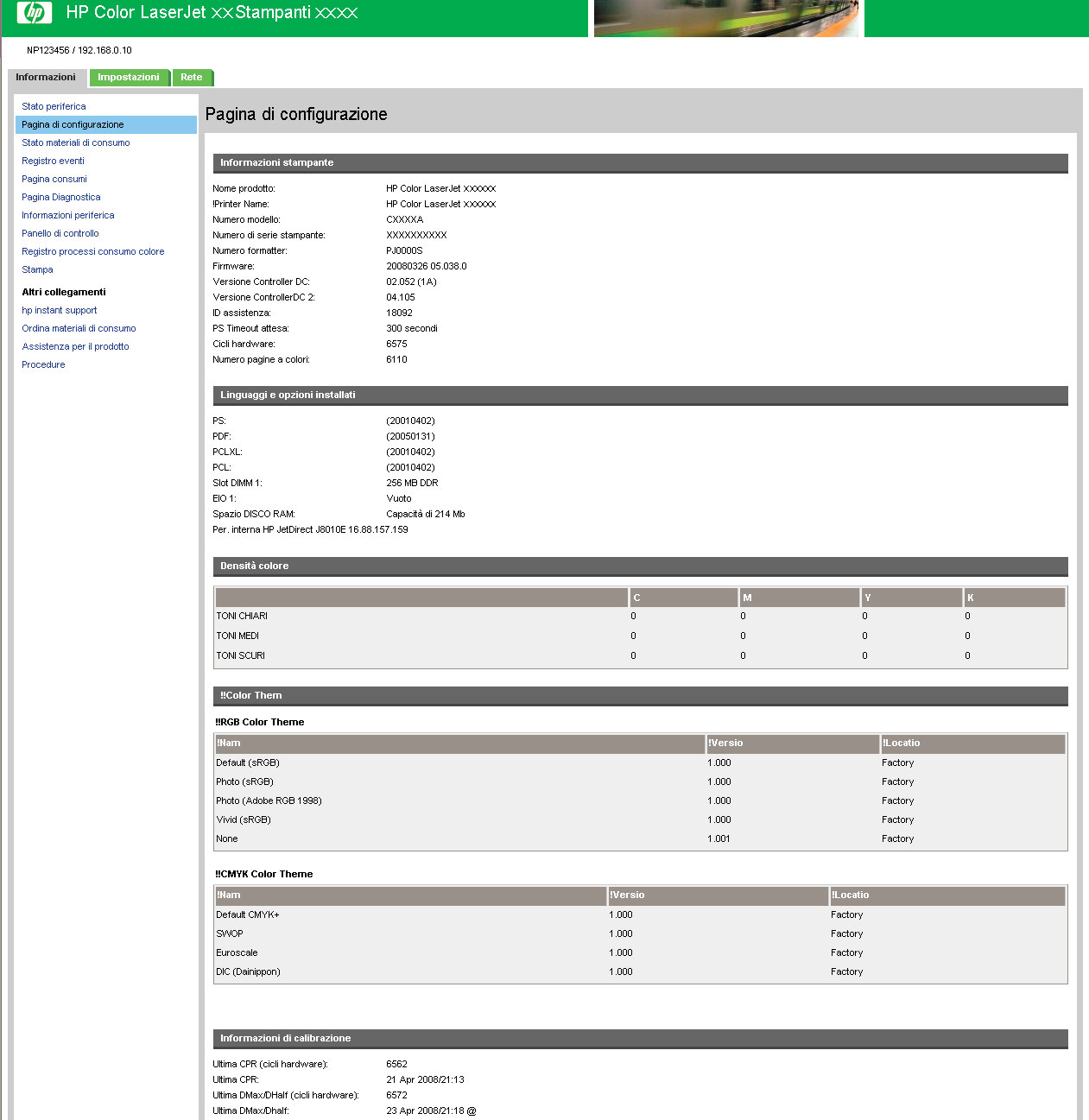 Pagina di configurazione La schermata Pagina di configurazione consente di visualizzare le impostazioni correnti della stampante, risolvere eventuali problemi e verificare l'installazione degli