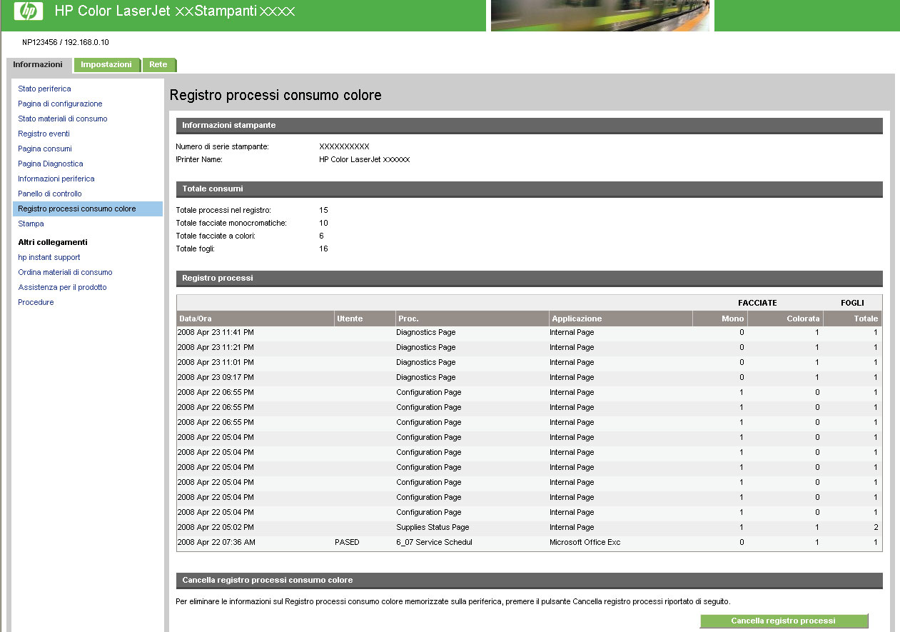 Registro processi consumo colore NOTA: la schermata Registro processi consumo colore è disponibile solo se è selezionata per la visualizzazione nella schermata Sicurezza della scheda Impostazioni.