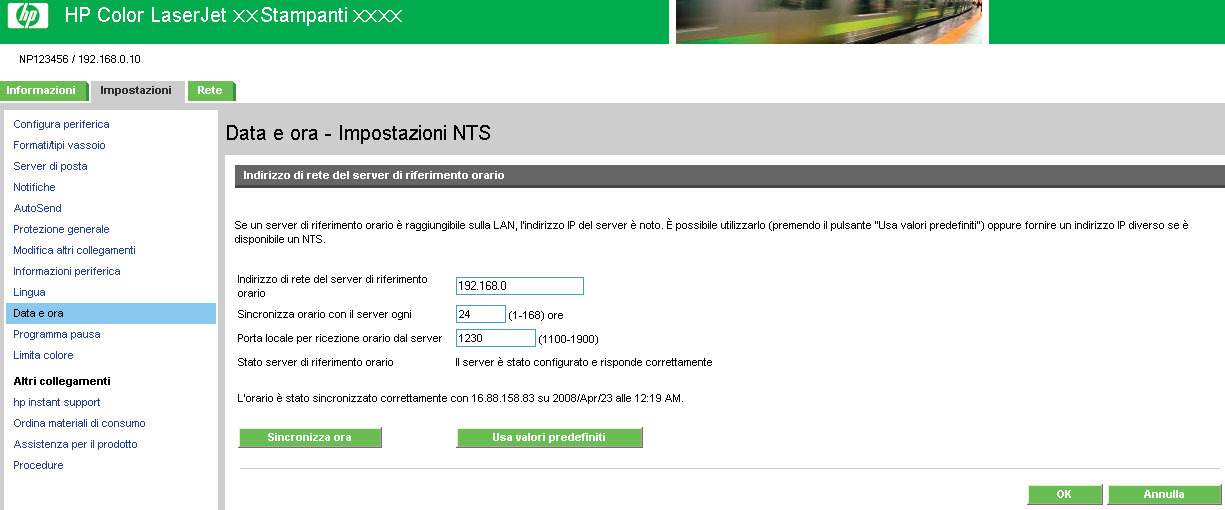 visualizzazione della data (in Formato data) e dell'ora (in Formato ora). Di seguito viene illustrata la schermata Data e ora - Avanzate.