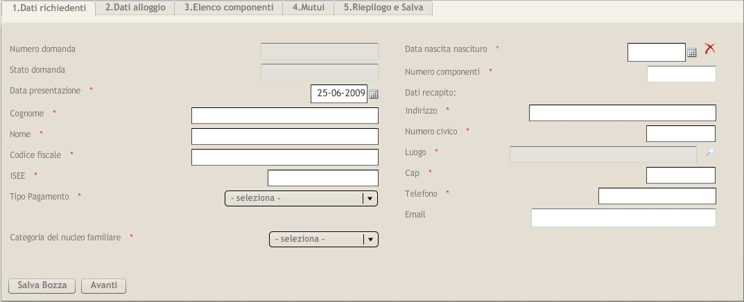 5 Inserire una nuova domanda 5.1 Dati Richiedenti In questa sezione vanno inseriti tutti i dati anagrafici del richiedente e i dati richiesti relativamente al nucleo familiare.