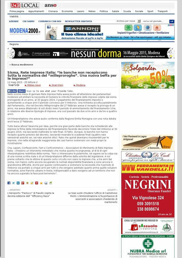 Modena2000 Sisma, Rete Imprese Italia: "le banche non recepiscono tutta la normativa del "milleproroghe". Una nuova beffa per le imprese?