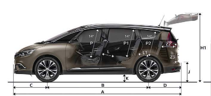 Dimensioni SCENIC GRAND SCENIC 7 POSTI Dimensioni (mm) Scenic Grand Scenic Scenic Grand Scenic Volume** A Lunghezza fuori tutto 4406 4634 B Passo, a vuoto 2734 2804 C Sbalzo anteriore 931 931 D