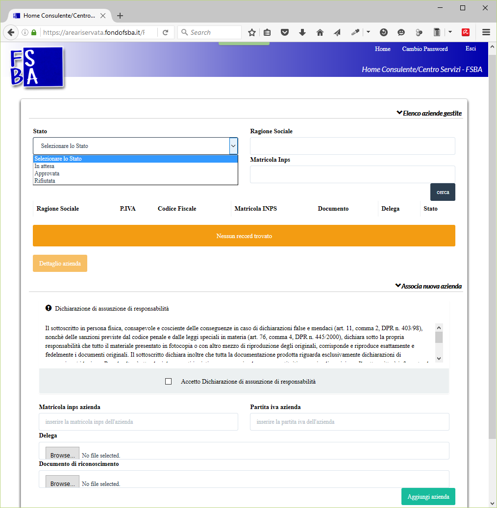 6. Home page Consulente - Centro Servizi All accesso a sistema, da parte del Consulente, verranno mostrate le