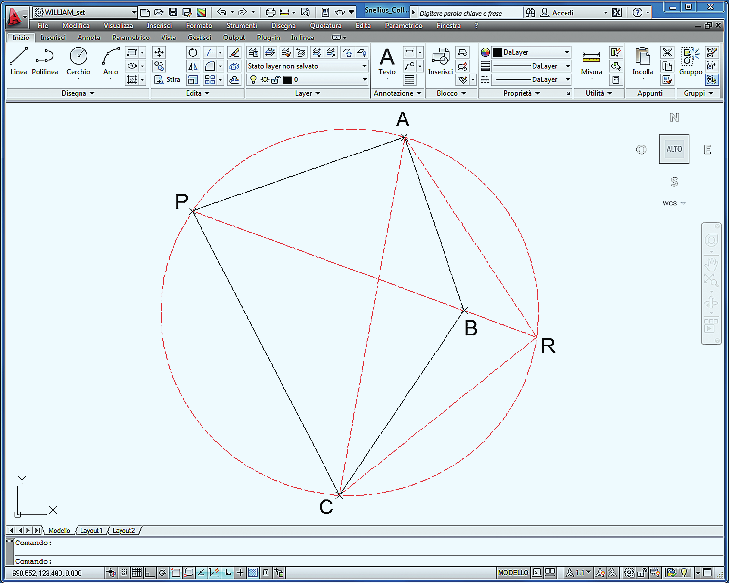 UNITÀ E INQUADRAMENTO GENERALE LABORATORIO INFORMATICO Comando: erhio (irle Speifiare entro del erhio o [3P/P/Ttr (tangente tangente raggio]: 3P Speifiare primo punto sul erhio: (selezionare ol