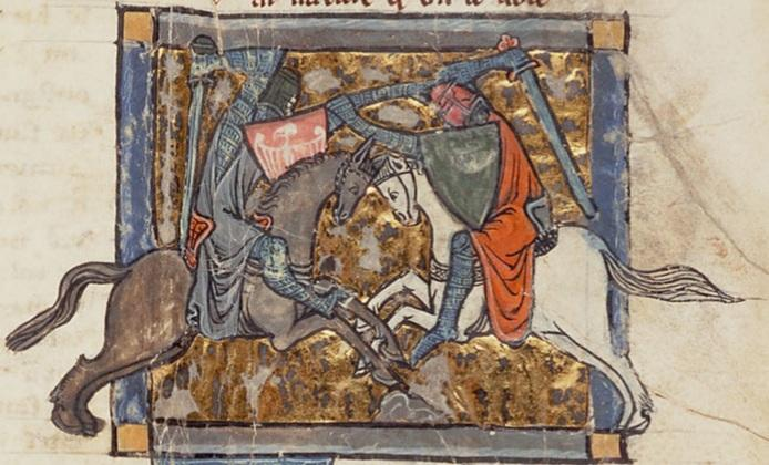 Il romanzo cavalleresco. Miniatura medievale del romanzo di Chrétien de Troyes Yvain, il cavaliere del leone.