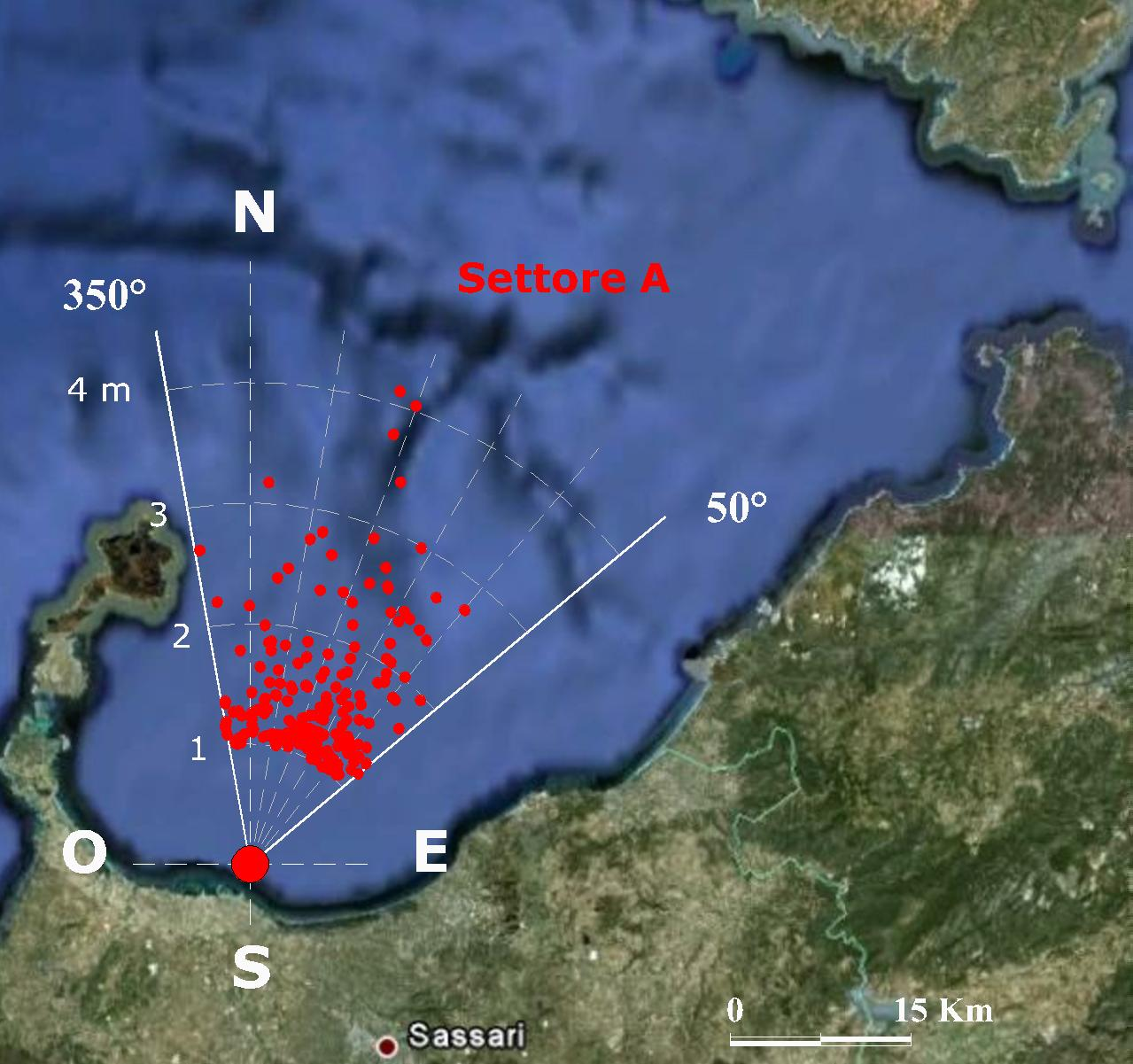 persistenza sotto la soglia di 1 m pari a 24 ore (pari a 4 dati della serie esaoraria disponibile). Fig. 5.3.1 Diagramma polare degli eventi con altezze d onda al colmo superiori ad un metro.