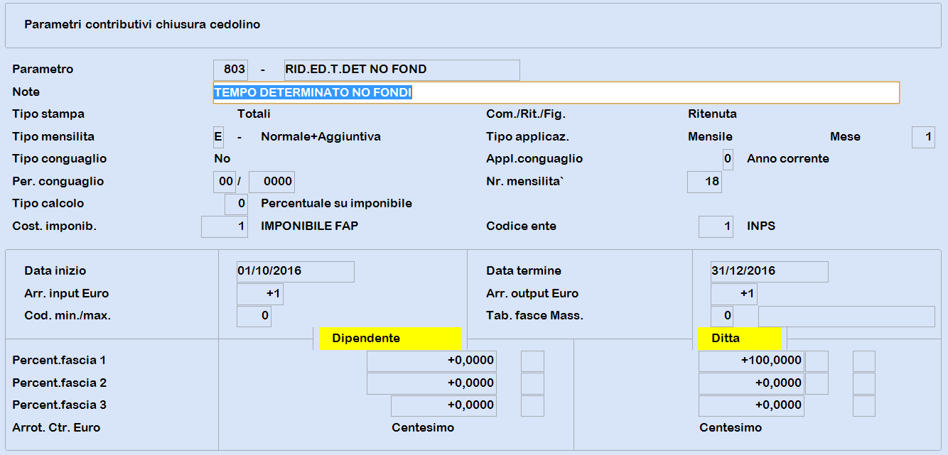 Richiamare il parametro "Riduzione Edili 11.50%" e procedere con la creazione di un "Nuovo periodo": campo <Data Inizio> = 01/10/2016; campo <Data Termine> = 31/12/2016; campo <Percent.