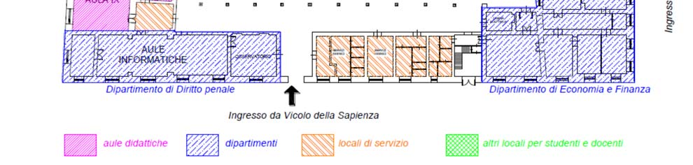 Fig. 4- attuale destinazione locali piano terra Al piano primo, oltre ad alcuni locali sempre in uso al Dipartimento, si trova la Biblioteca Universitaria, che occupa la superficie completa di due