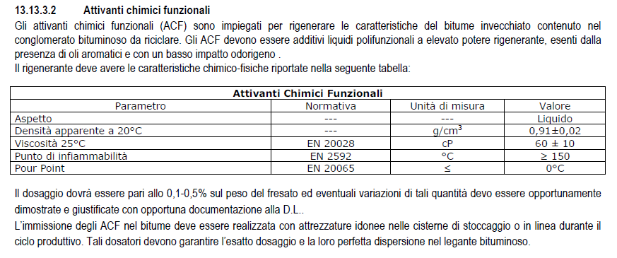 Ripristino le caratteristiche fisico-chimiche del bitume invecchiato presente nel materiale fresato; Aumento del valore di penetrazione e diminuzione del punto di rammollimento del bitume di un