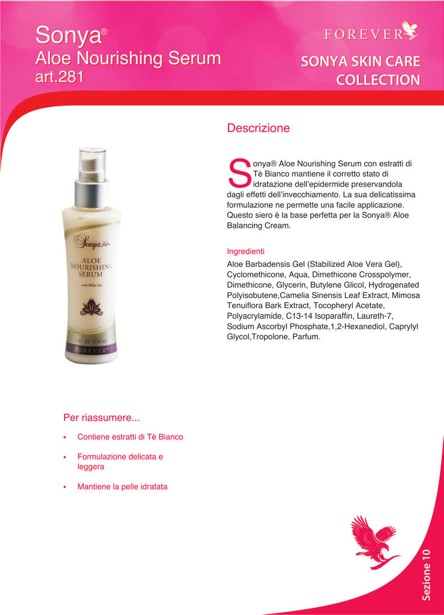 Descrizione S onya Aloe Nourishing Serum con estratti di Tè Bianco mantiene il corretto stato di idratazione dell'epidermide preservandola dagli effetti dell'invecchiamento.