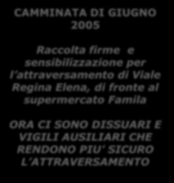 CAMMINATA DI GIUGNO 2005 Raccolta firme e sensibilizzazione per l attraversamento di Viale Regina Elena, di