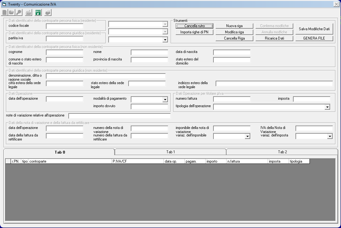 MASCHERA COMUNICAZIONE IVA La maschera consente l importazione dei documenti IVA registrati in prima nota contabilità, la variazione degli stessi, se necessaria, e la preparazione del file da