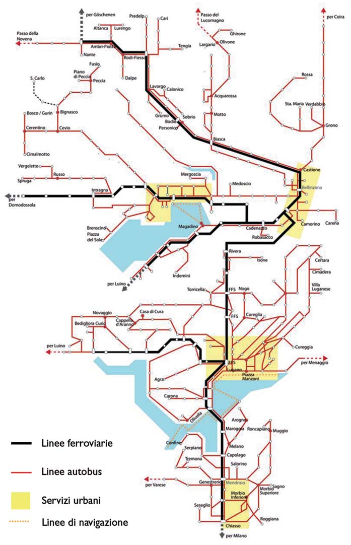 L analisi I trasporti pubblici, minoritari ma essenziali B Rete trasporti pubblici in ticino I trasporti pubblici esercitano attualmente un ruolo secondario ma niente affatto trascurabile.