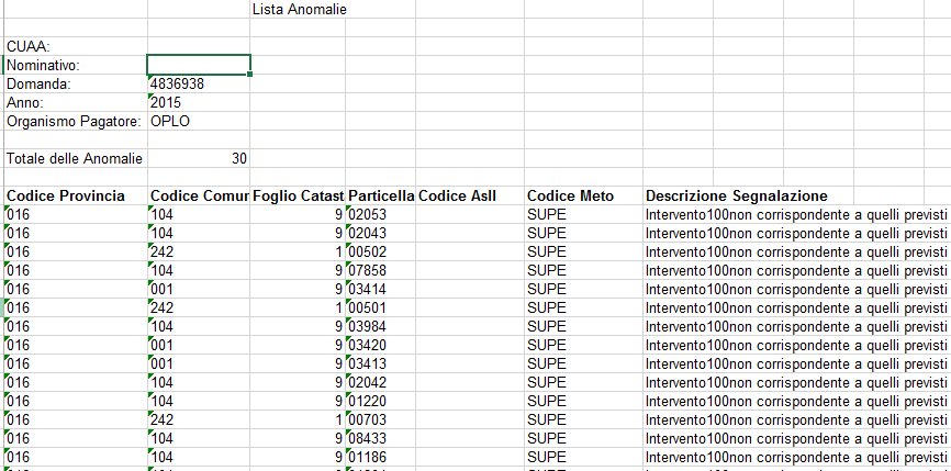 Nella parte sottostante l elenco risultato dalla ricerca è presente il pulsante EXCEL che consente l esportazione in formato Excel dei risultati ottenuti. 3.12