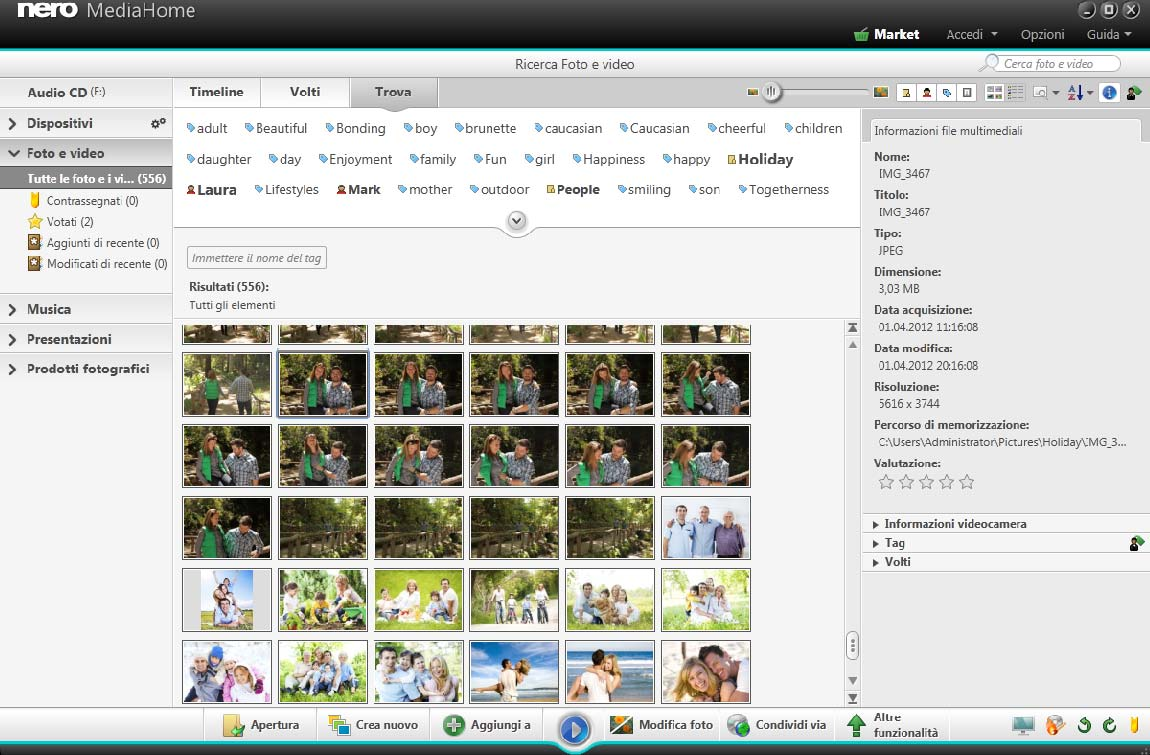 Foto e video Scheda Trova A tutti i file multimediali di Nero MediaHome vengono assegnati automaticamente i nomi di tutte le cartelle della gerarchia corrispondente.