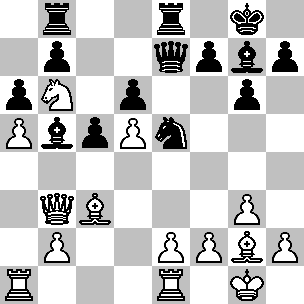 14...Te8 15.Af4 De7 16.Db3 E difficile vincere una partita senza muovere alcun pedone. Una buona alternativa era 16.Ca4 Cd7 17.Tb1, seguita da 18.