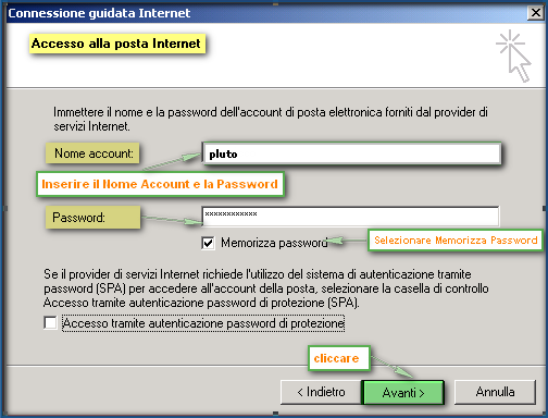 3.4 Connessione Guidata Internet Accesso alla posta Internet Per completare la configurazione dell account inserire: Nome Account: ad esempio se il vostro indirizzo è nome.cognome@bt.