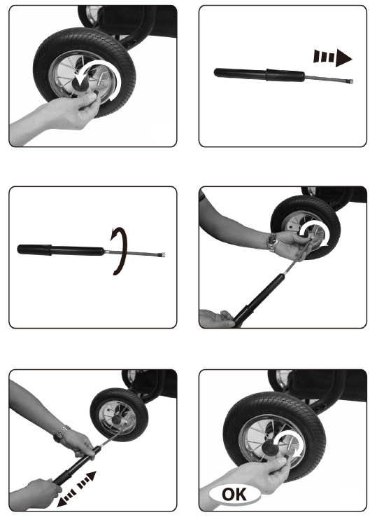 13. Per gonfiare i pneumatici: Rimuovere il coperchio di gomma, quindi inserire l'accessorio gonfiore atto, quindi collegare la pompa e gonfiare seconda delle necessità.