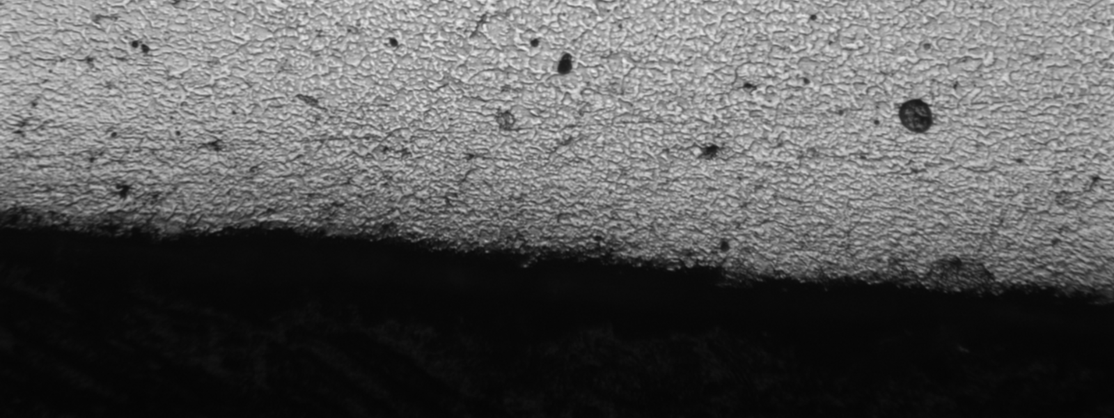 Fig.7 Micrografia x100 della lamiera del tappo della storta rotante. Si nota precipitazione dei carburi al cuore ed ossidazione con sfaldatura della superficie in alto.