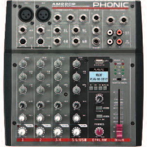 24 25 39 PHONIC AM 55 mixer audio a 5 canali - gain, alti, bassi, pan, master e peak led sul canale 1 bilanciato e sbilanciato - balance e master sugli altri canali bilanciati e sbilanciati -