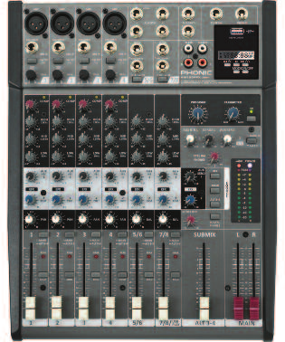 PLAY EFX 139 PHONIC AM 440 DP mixer audio a 8 canali con effetti e player - gain, alti, medi, bassi (con low cut a 75 Hz), efx, pan, master e peak led sui canali 1, 2, 3, 4 bilanciati e sbilanciati -