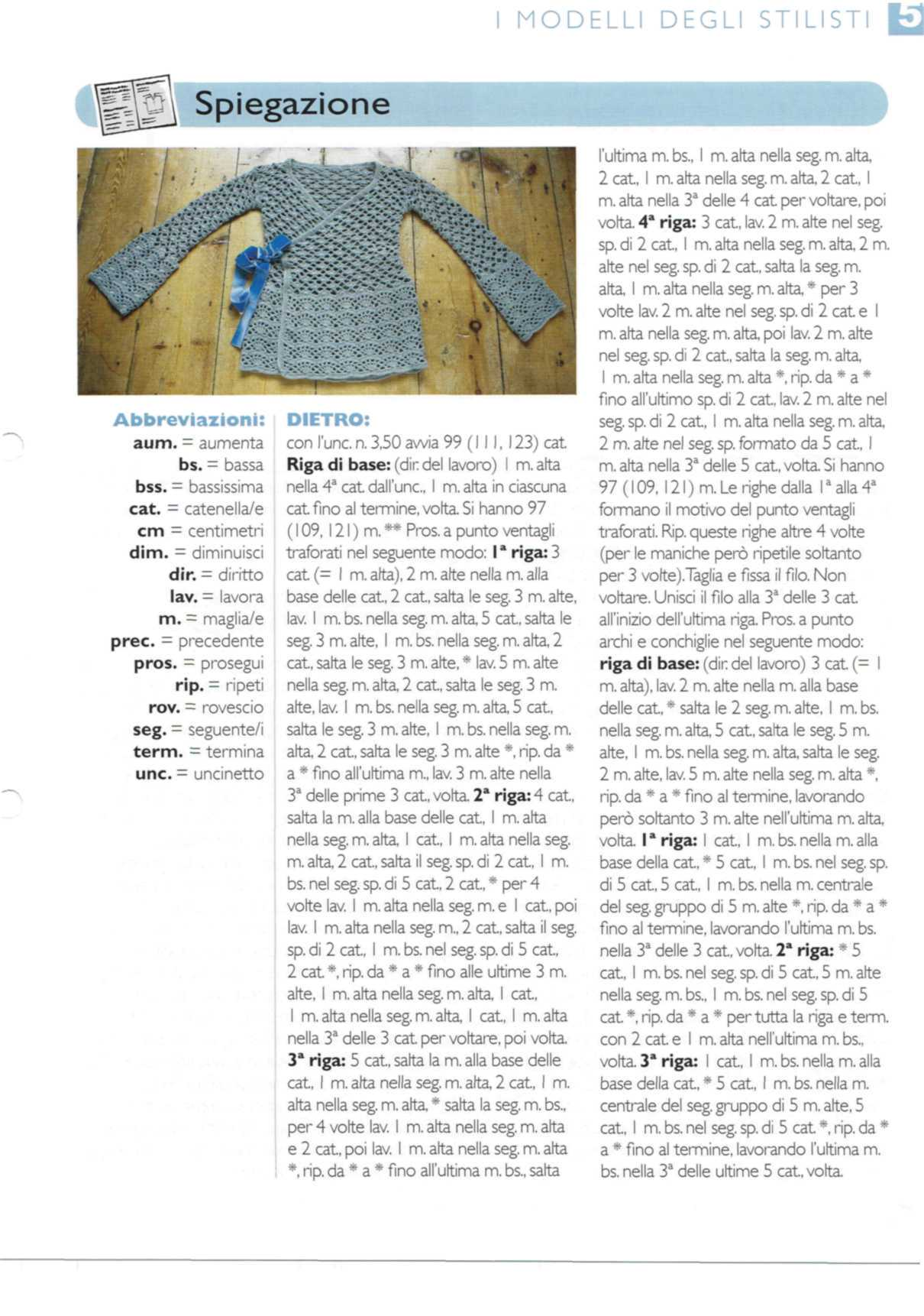 I MODELLI DEGLI STILISTI Spiegazione Abbreviazioni: aum. = aumenta bs. = bassa bss. = bassissima cat. = catenella/e cm = centimetri dim. = diminuisci dir. = diritto lav. = lavora m. = maglia/e prec.
