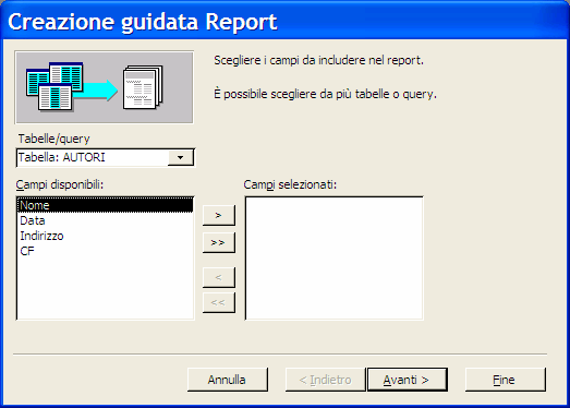 (pulsante Nuovo) Comandi e finestre per creare un report 2.6.3.1.