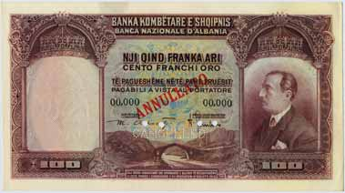 2340 2341 2340 Albania 100 Franchi 1926 Specimen - Gav. 101 RRR SPL+ 450 2341 RISORGIMENTALI - Soccorso a Sollievo dei Romani (1867) 100 Lire 30/04/1867 - Gav.