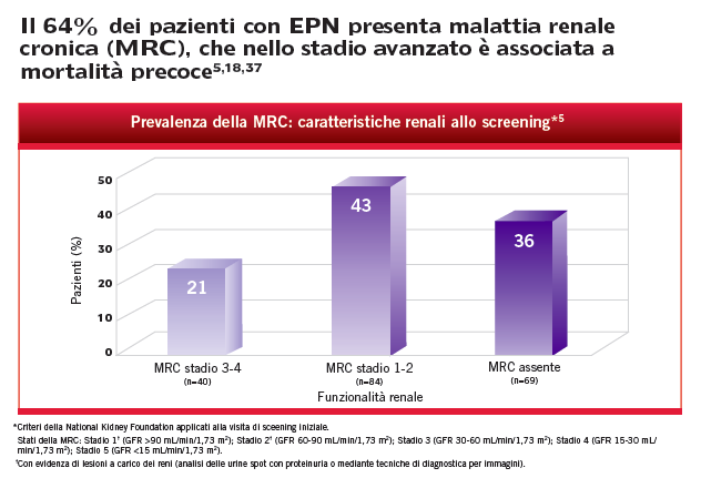 Malattia renale cronica L insufficienza renale La prevalenza di IRC nei pazienti affetti da EPN è 6,6 volte superiore rispetto alla popolazione generale Riferimenti: 5. Hillmen P., Elebute M, Kelly R.