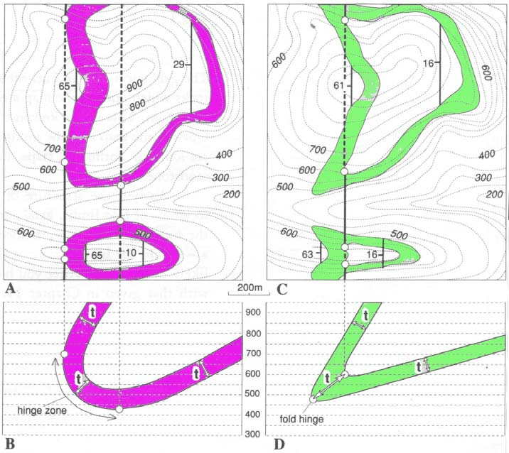 Analisi cartografica delle pieghe Le pieghe possono assumere forme diverse a causa di diversi fattori, tra i quali: a)proprietà fisiche della roccia piegata. b)la quantità di deformazione interna.