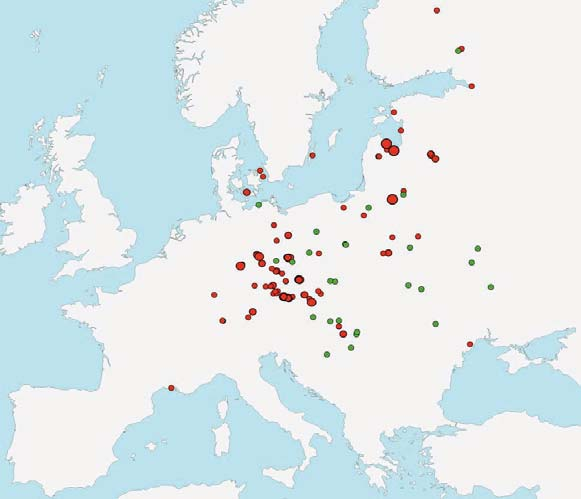 Birds ringed abroad as pulli (age = 1) or juveniles (age = 3) and recovered in Italy during the breeding period of following years. Figura 18.