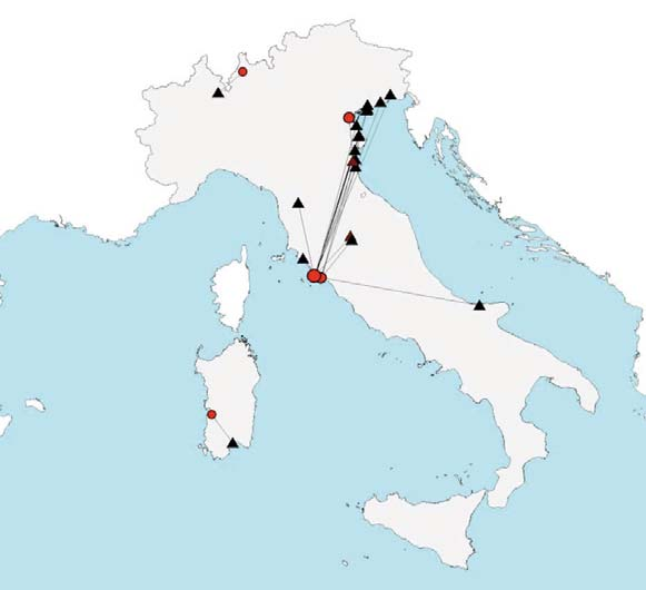 Figura 34. Ricatture nazionali di individui inanellati in inverno e ricatturati in Italia in inverni successivi (n = 22).