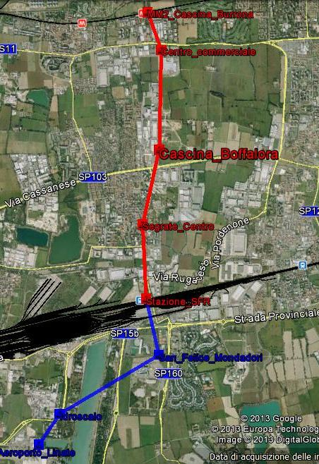 Tracciato di studio Tracciato rosso prioritario, interessa la parte più densa della città e il collegamento diretto tra M2 (cascina Burrona) e Stazione SFR