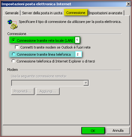 3.3 Impostazioni posta elettronica Internet: Connessione Nel folder CONNESSIONE si specifica il tipo di connessione da utilizzare per la posta