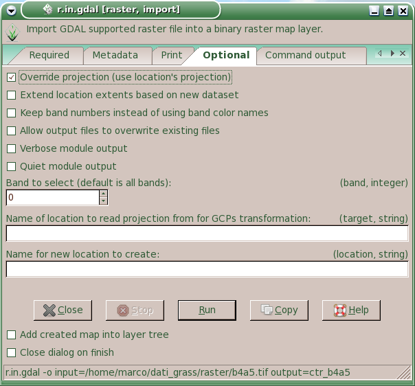 Importazione dati raster: TIFF carta raster da importare, specificando il percorso per trovarla sul disco nome da assegnare al raster