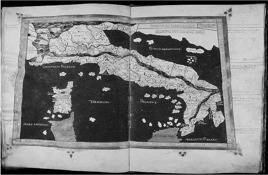 Italia di Tolomeo Biblioteca Nazionale di Napoli - Biblioteca digitale - La Cosmografia di Tolomeo VIII. Europe tabula septima Septima Europe Tabula continet Sardiniam et Siciliam insulas (cc.