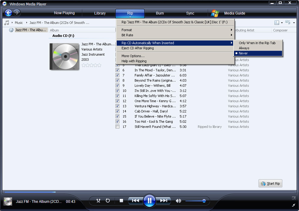 4 Inserire il CD Audio nell'unità CD del computer. > Vengono elencate tutte le tracce del CD. Come opzione predefinita, Windows Media Player inizierà ad eseguire il ripping di tutte le canzoni del CD.