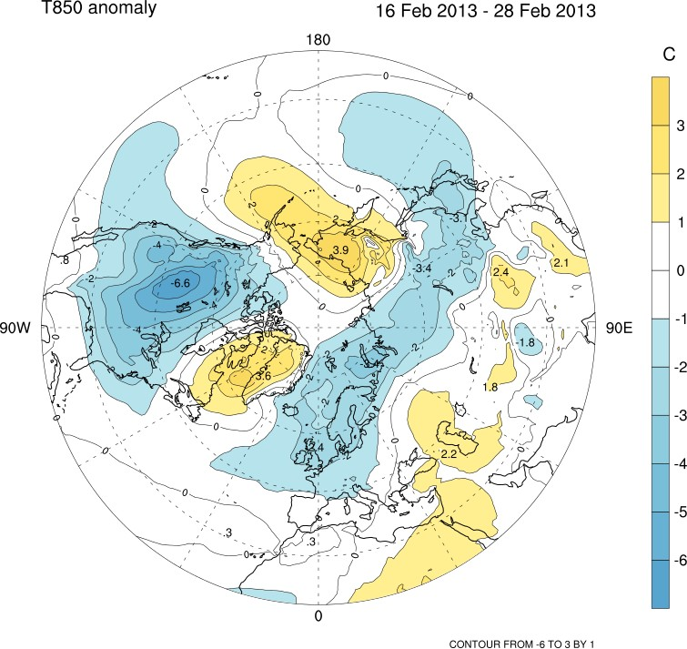 GLOBO, previsione T 850 hpa, febbraio 2013 Anomalie previste (ensemble mean) di temperatura a 850 hpa (differenza tra forecast e "clima reforecast") per il