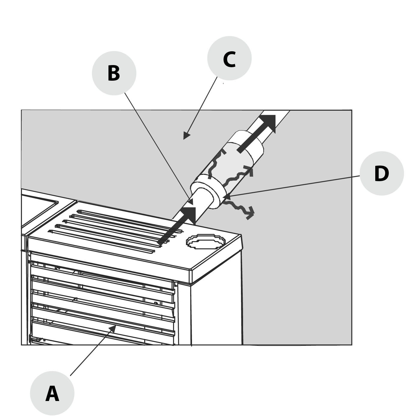 3-INSTALLAZIONE E MONTAGGIO A - STUFA B - TUBO USCITA ARIA CALDA C - PARETE DI ISOLAMENTO D - ISOLANTE Nel caso di attraversamento di pareti costruite con materiali infiammabili l INSTALLATORE DEVE