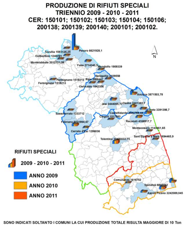 Fig. 8 La cartografia mostra i comuni, evidenziati con sfondo azzurro, in cui negli ultimi 3 anni disponibili si ha avuto maggior produzione di rifiuti speciali che