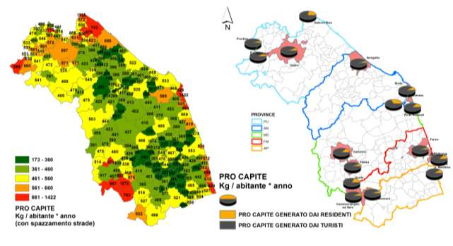 2.2. Variazioni del parametro pro capite nella Regione Marche e nelle province oltre i valori medi regionale e nazionale. Influenza di turismo ed assimilazione di rifiuti speciali.