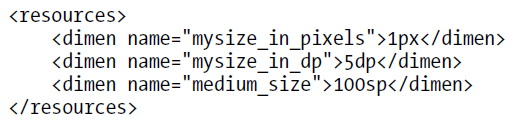 Risorse dimension in /values Risorse di tipo dimension rappresentano dimensioni e vengono definite tramite elementi <dimen> contenuti