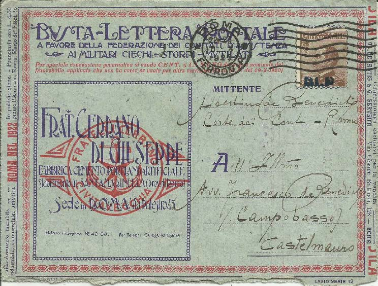Sindacato Emiliano - Serie Lazio n 8 - Tipografia La Poligrafica Nazionale 01/10/1921 - da Roma per Siena - Lettera affrancata in tariffa 40 cent.