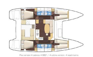 LAGOON 400 Lunghezza/Length 11.97 m. Larghezza/Width 7.25 m. Cabine/Cabins 4 + Crew Cuccette/Berths 8 + Crew Bagni/Baths 4 Acqua/Water 300 lit. Carburante/Fuel 400 lit. Pescaggio/Draught 1.