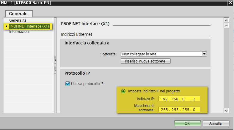 Impostazioni per la comunicazione (PANNELLO) Inserito il pannello, nella navigazione del progetto apparirà una cartella con il nome del device contenente tutte le sezioni del