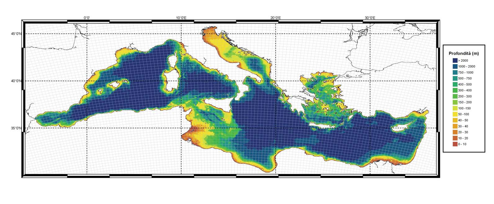 Figura 3: Batimetria finale della regione mediterranea utilizzata dal