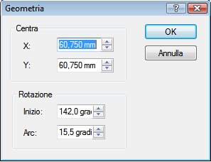 Finestra Geometria Finestra Geometria per gli oggetti curvati Nell'area Centra sono disponibili i seguenti campi: X Y Consente di specificare la coordinata X del punto centrale (intorno al quale